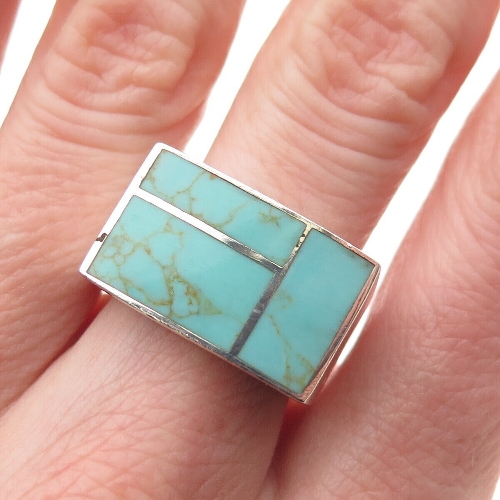 Chapal Zenray 925 Sterling Silver Vintage Real Tyrone Turquoise Ring Size 7.75